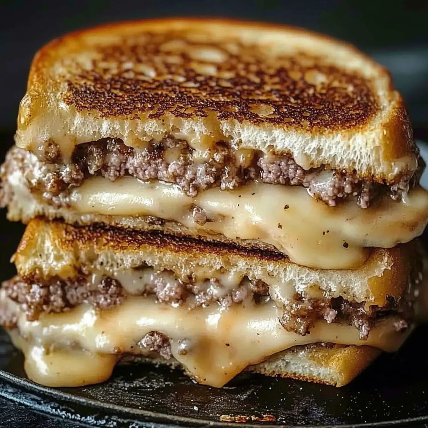 A close-up of a grilled sandwich filled with melted cheese and ground beef between two slices of toasted bread.