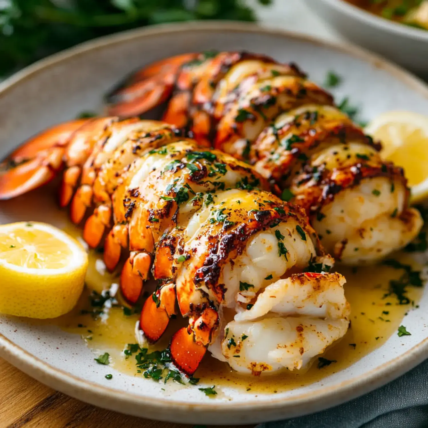 A plated dish of grilled lobster tails garnished with herbs and slices of lemon.