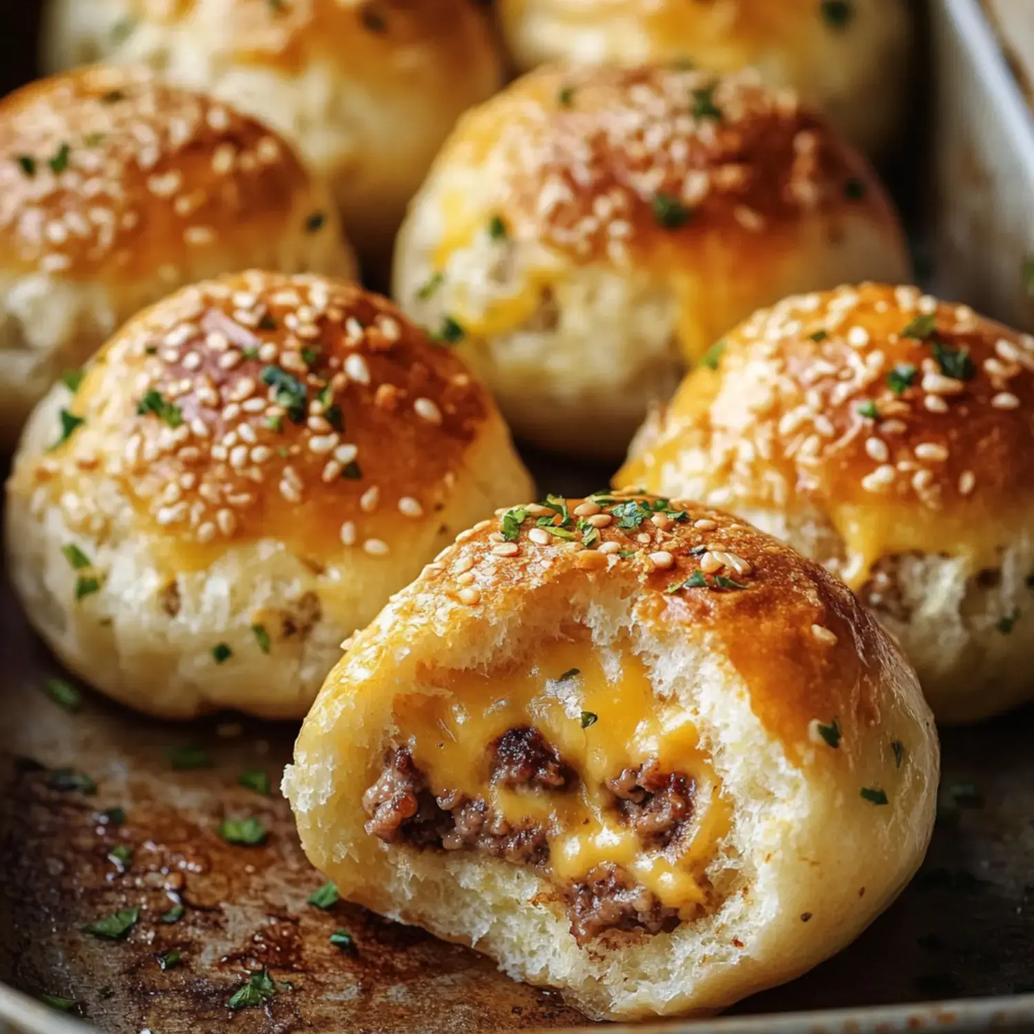 Golden-brown stuffed pastry balls arranged on a serving tray, with one cut open showing melted cheese and meat filling inside.