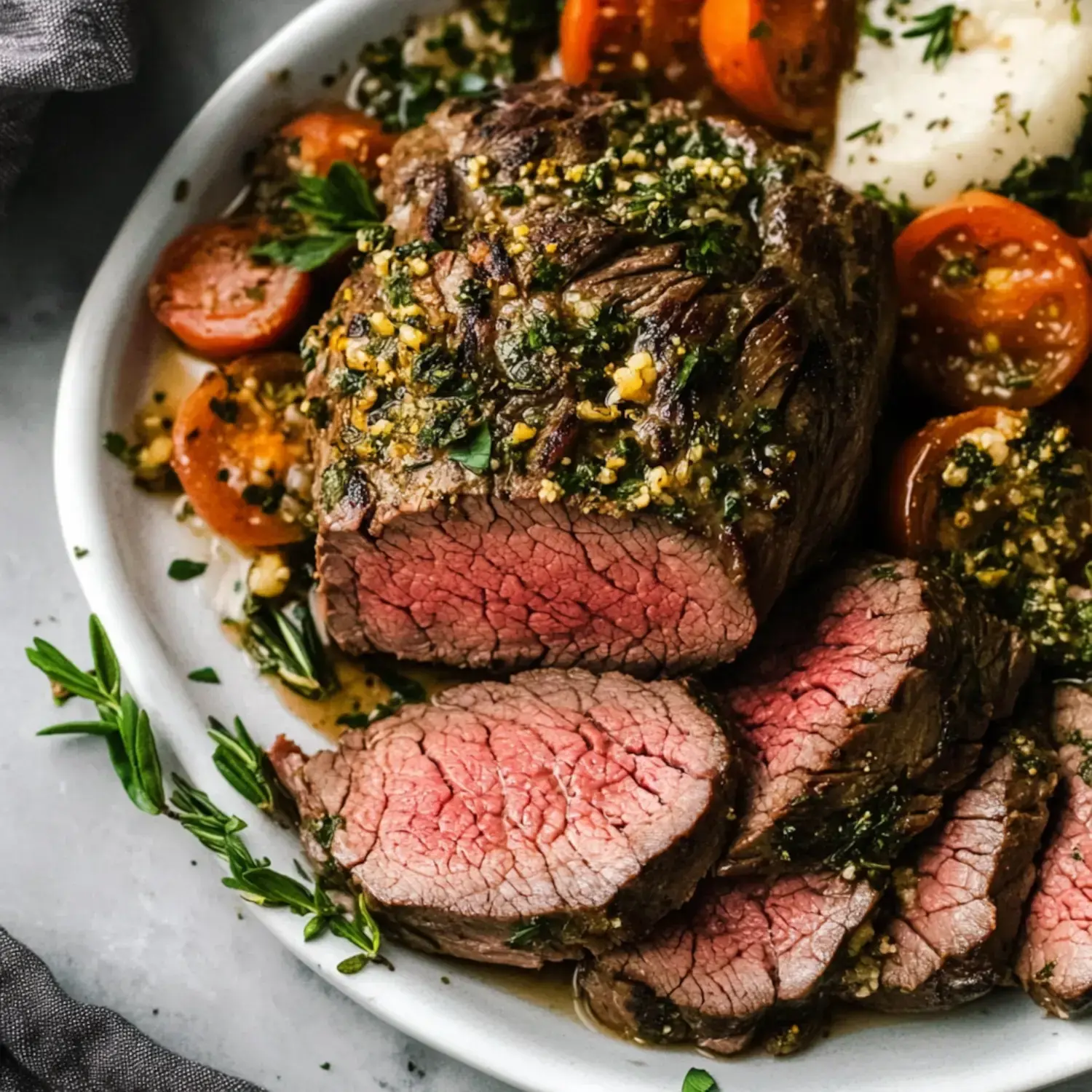 A plate of sliced beef tenderloin served with roasted tomatoes and herbs.