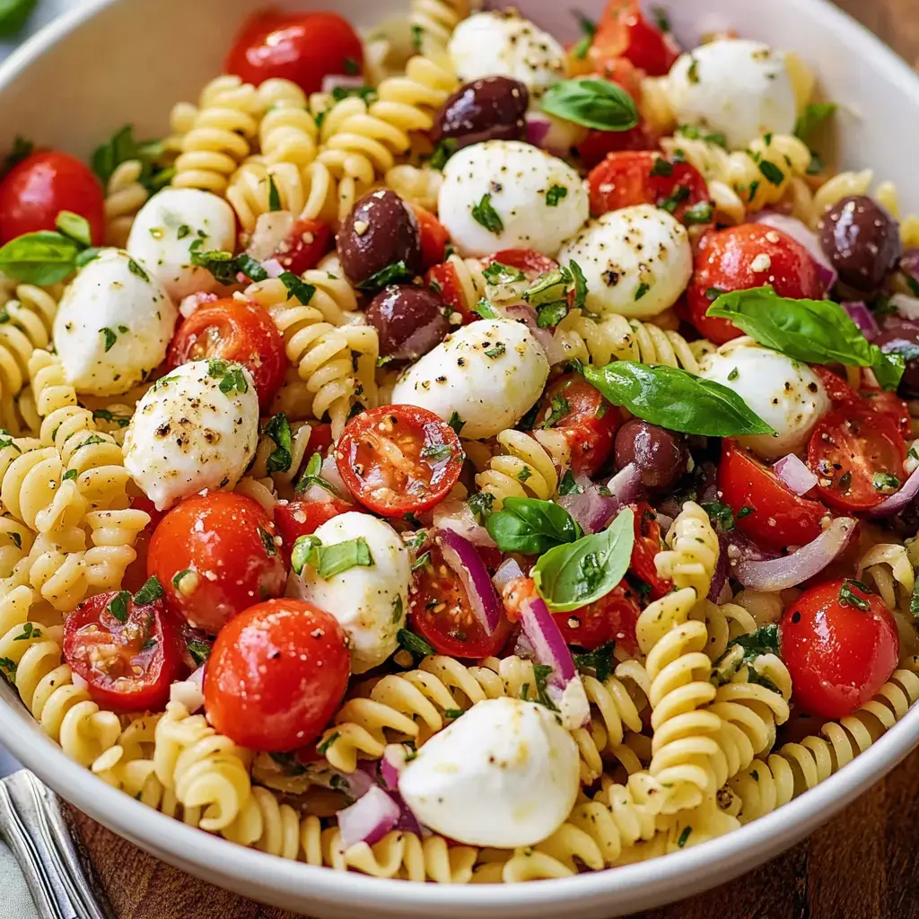 A close-up of a bowl of pasta salad featuring rotini, cherry tomatoes, mozzarella balls, black olives, red onion, and fresh basil, all garnished with herbs and spices.