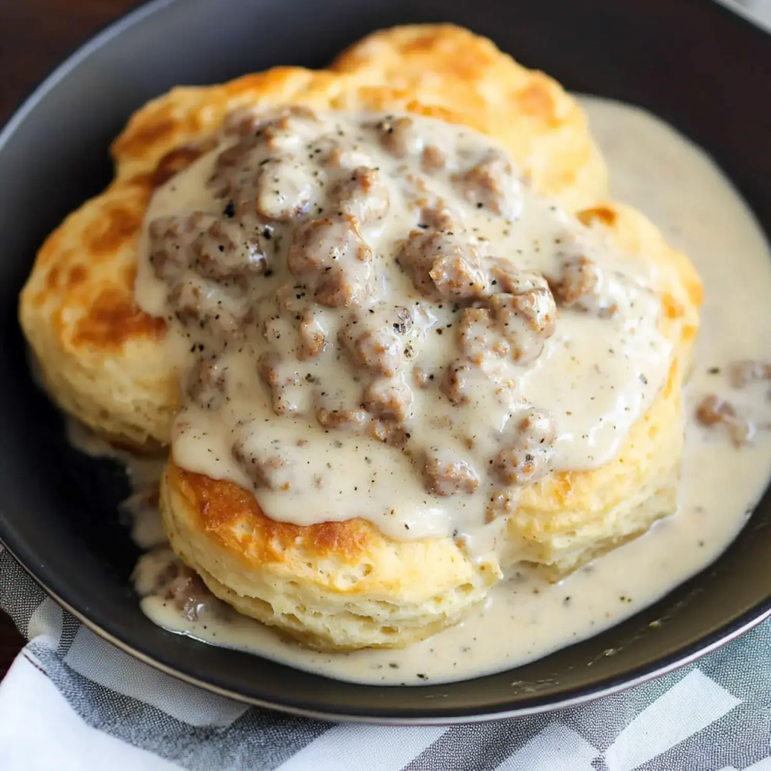 A plate of fluffy biscuits topped with creamy sausage gravy.