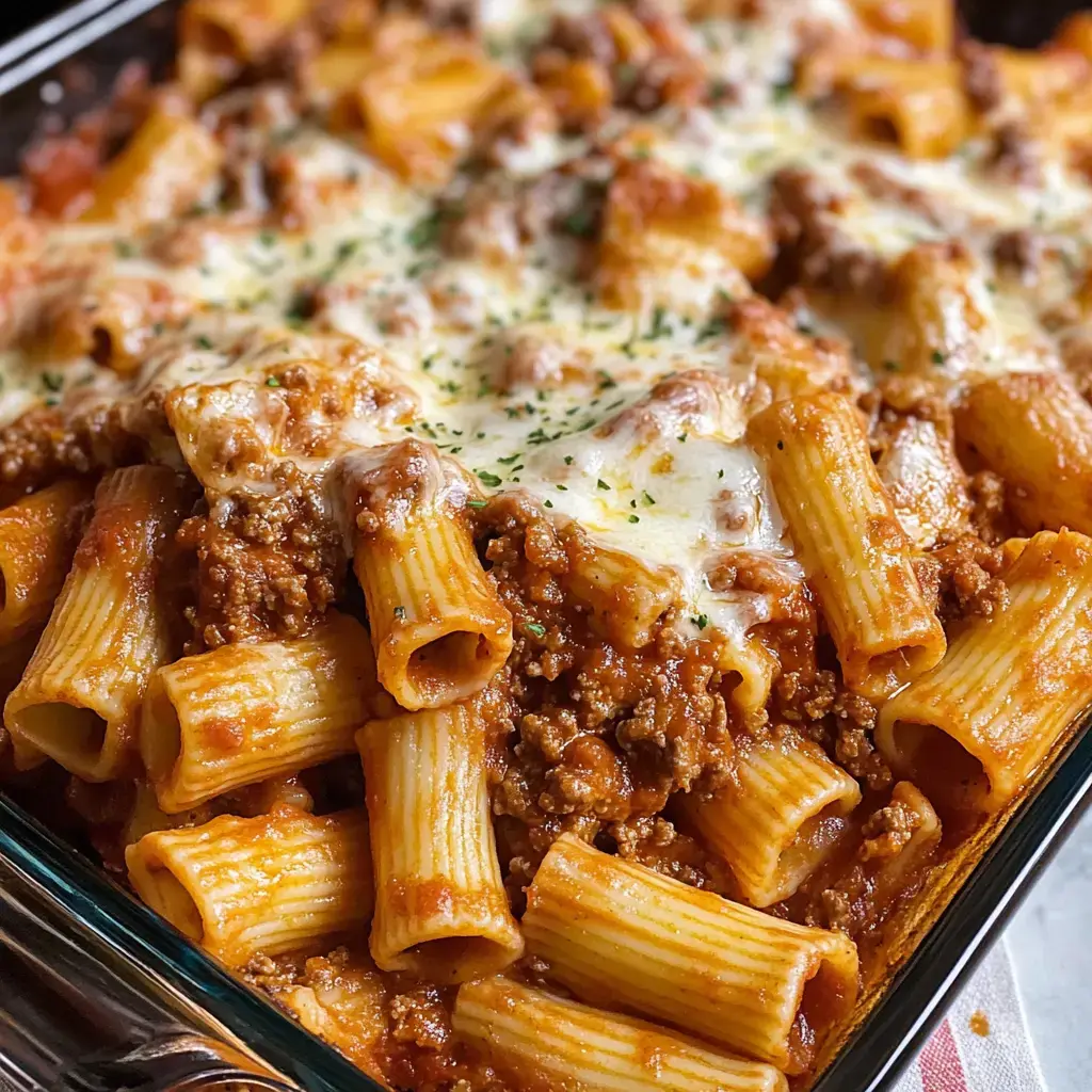 A close-up view of a baked pasta dish featuring rigatoni, ground meat, marinara sauce, and melted cheese, topped with herbs.