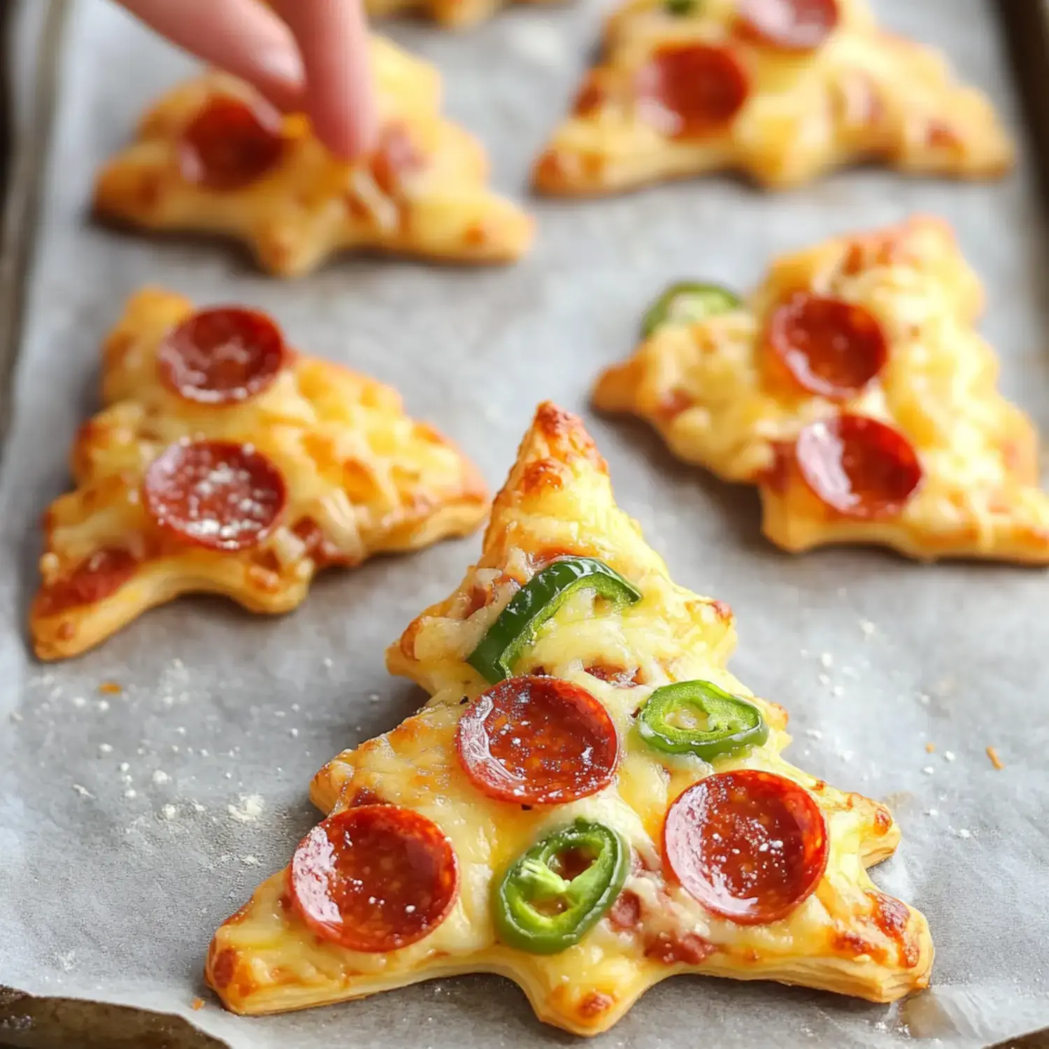 A close-up of star-shaped pizzas topped with cheese, pepperoni, and sliced green peppers on a baking tray.