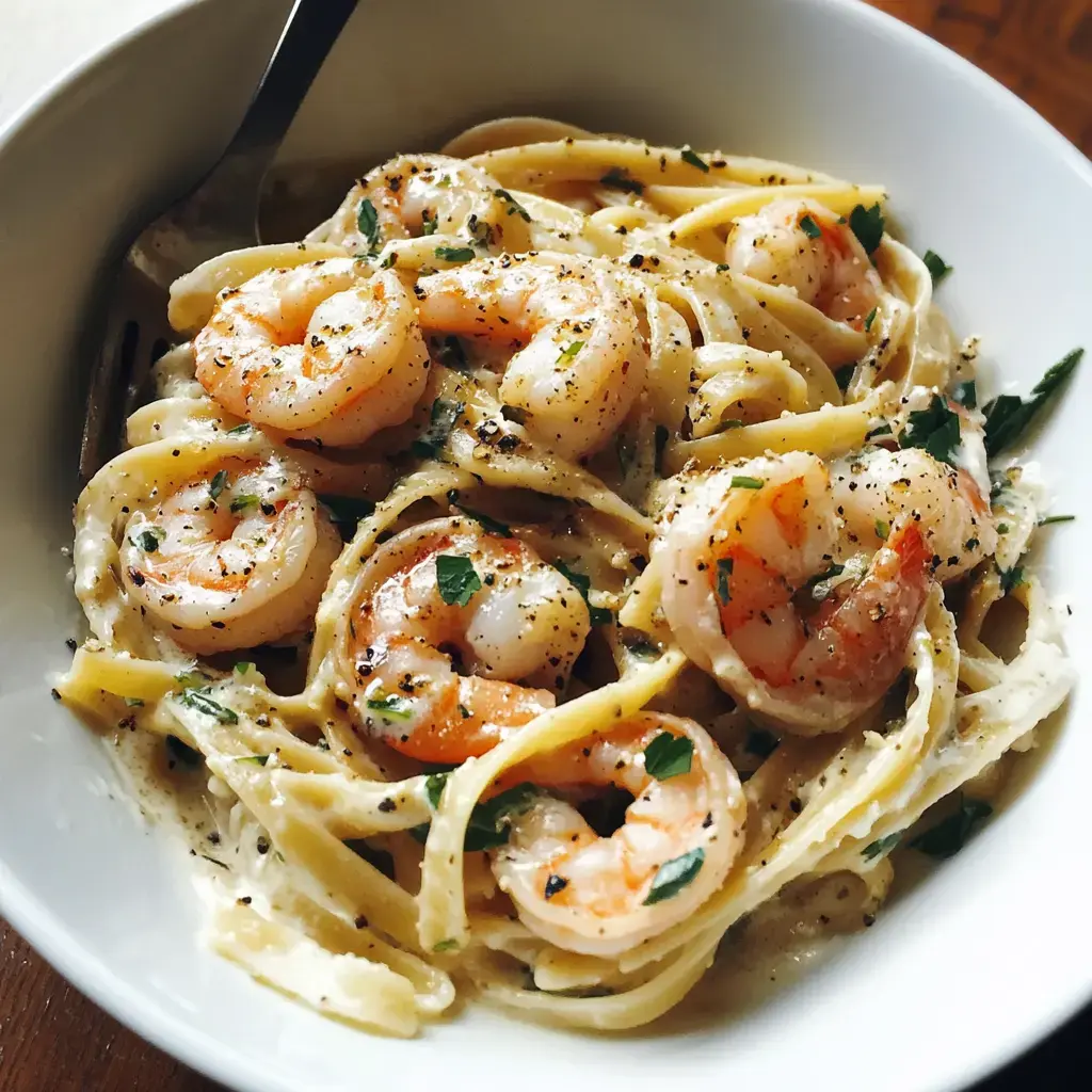 A bowl of creamy fettuccine pasta topped with shrimp and garnished with parsley and black pepper.