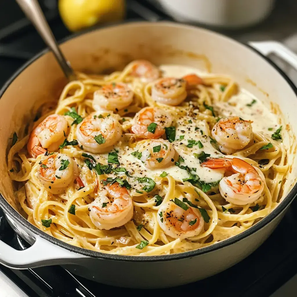 A creamy shrimp fettuccine dish garnished with parsley, displayed in a white pot.