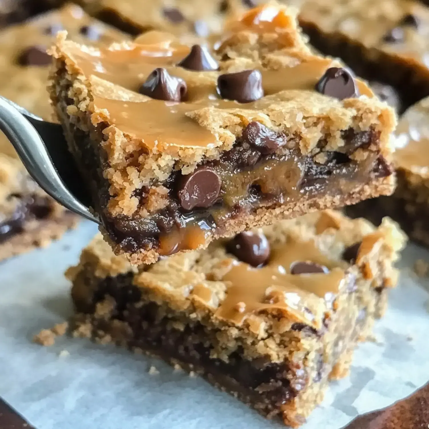 A fork lifts a piece of dessert bar topped with chocolate chips and a caramel layer, showcasing its gooey interior.