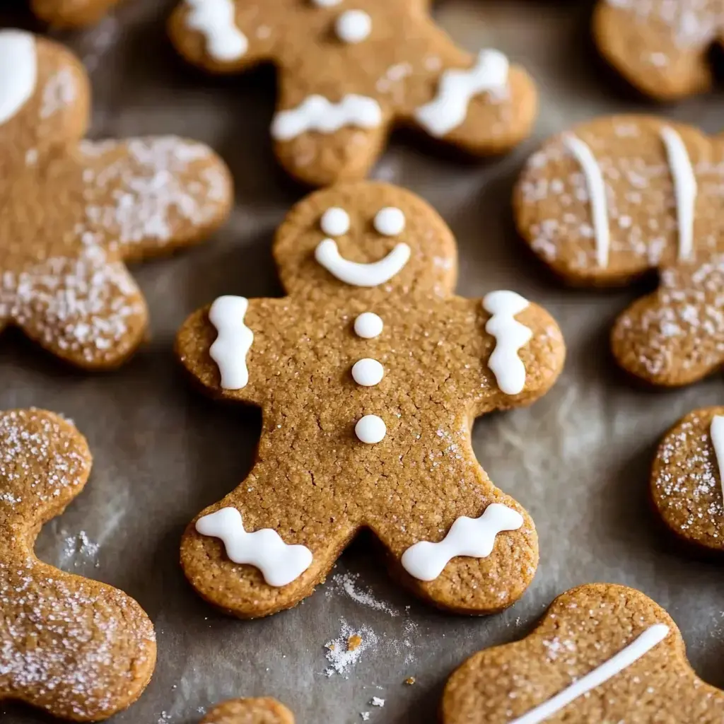 A variety of decorated gingerbread cookies, including a smiling gingerbread man with icing details, are arranged on a parchment-lined baking tray.