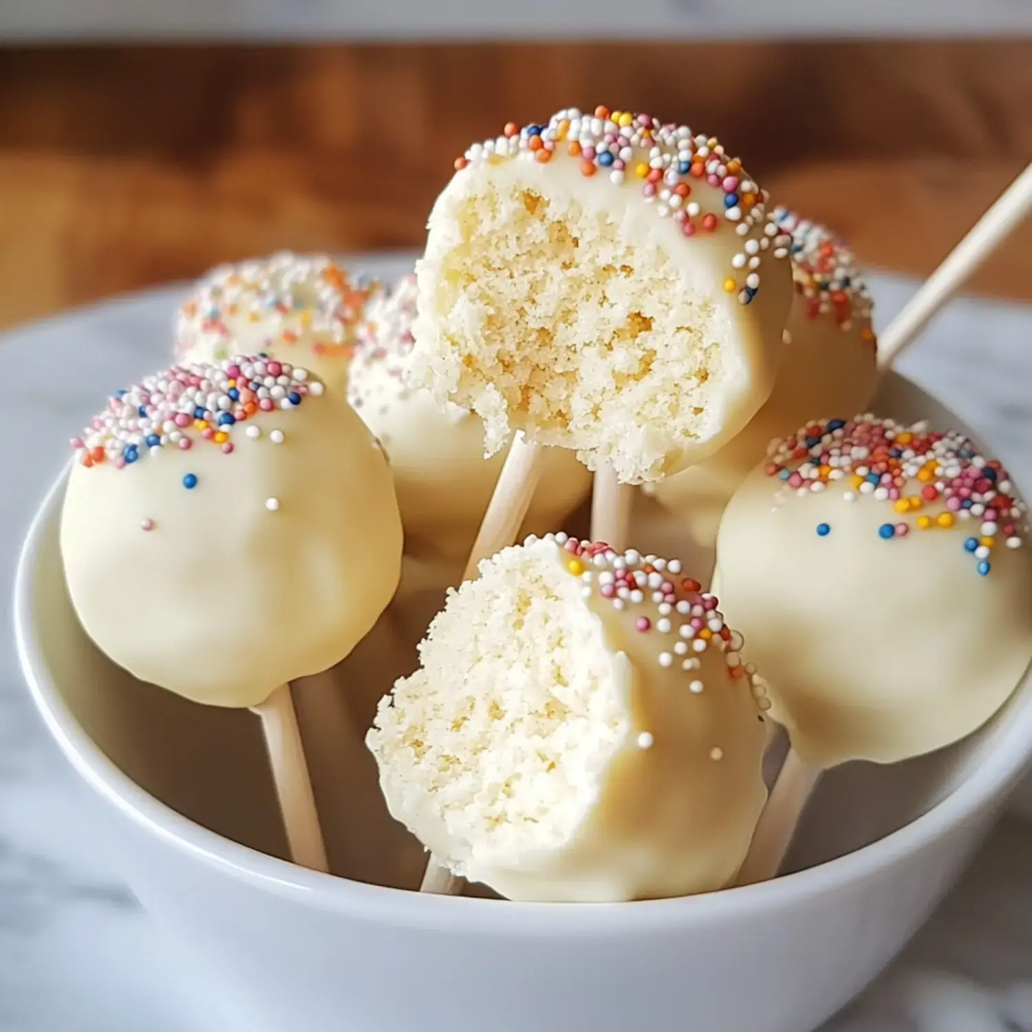 A bowl of cake pops coated in white chocolate and colorful sprinkles, with one cake pop partially bitten.