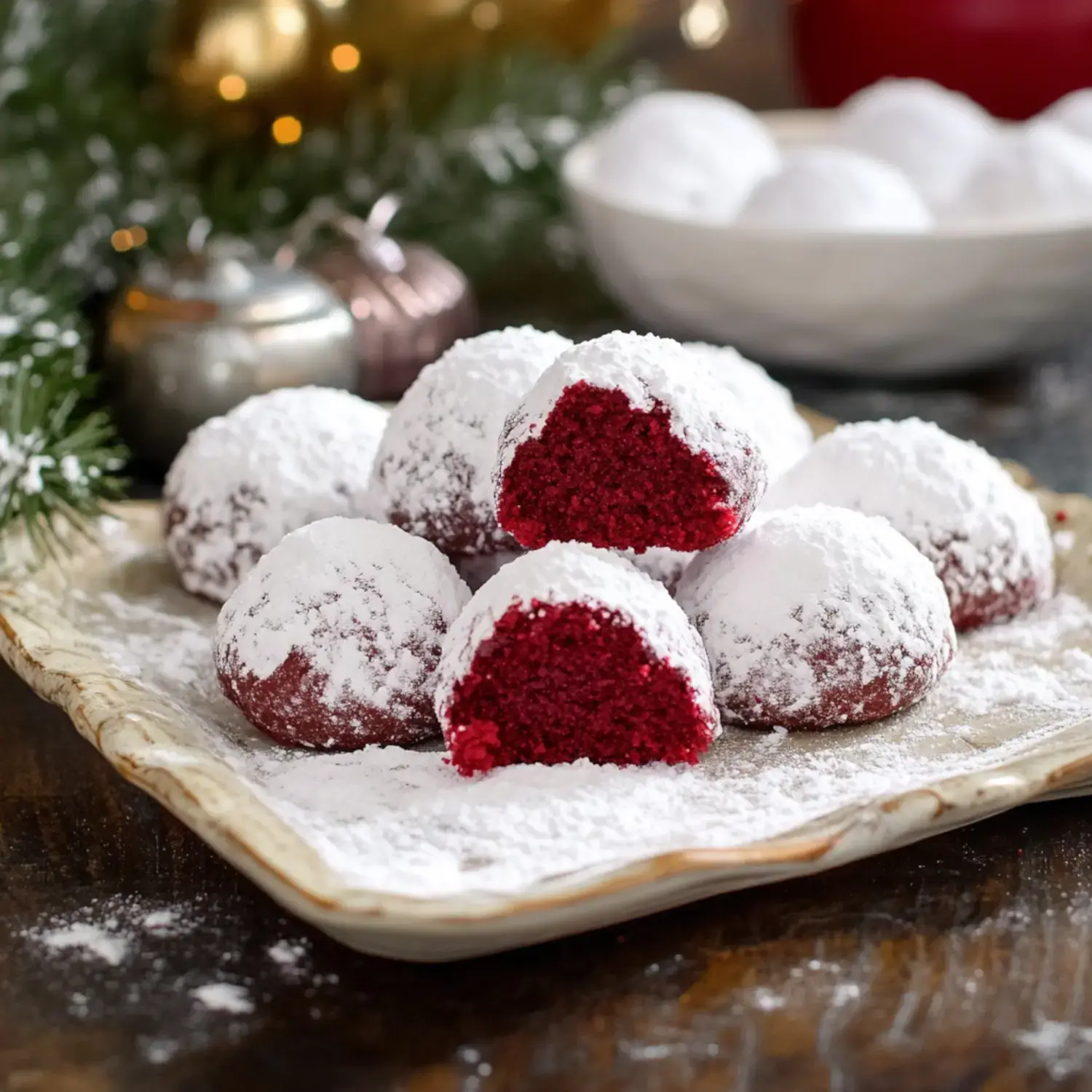 A platter of red velvet cookies dusted with powdered sugar, with one cookie cut in half to reveal its bright red interior.