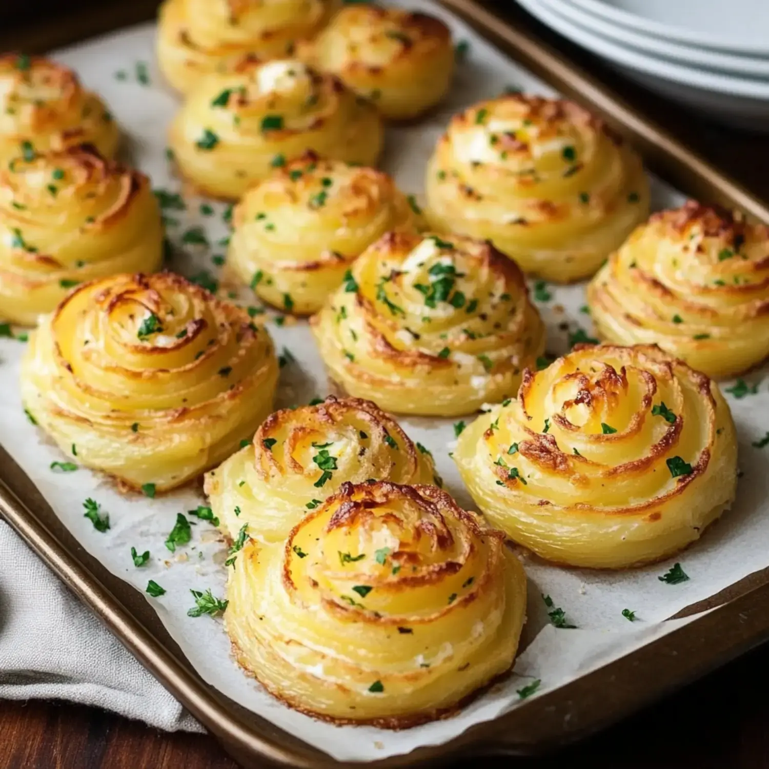 Golden swirled potato puffs arranged on a baking sheet with fresh parsley sprinkled on top, showing their beautiful spiral pattern.