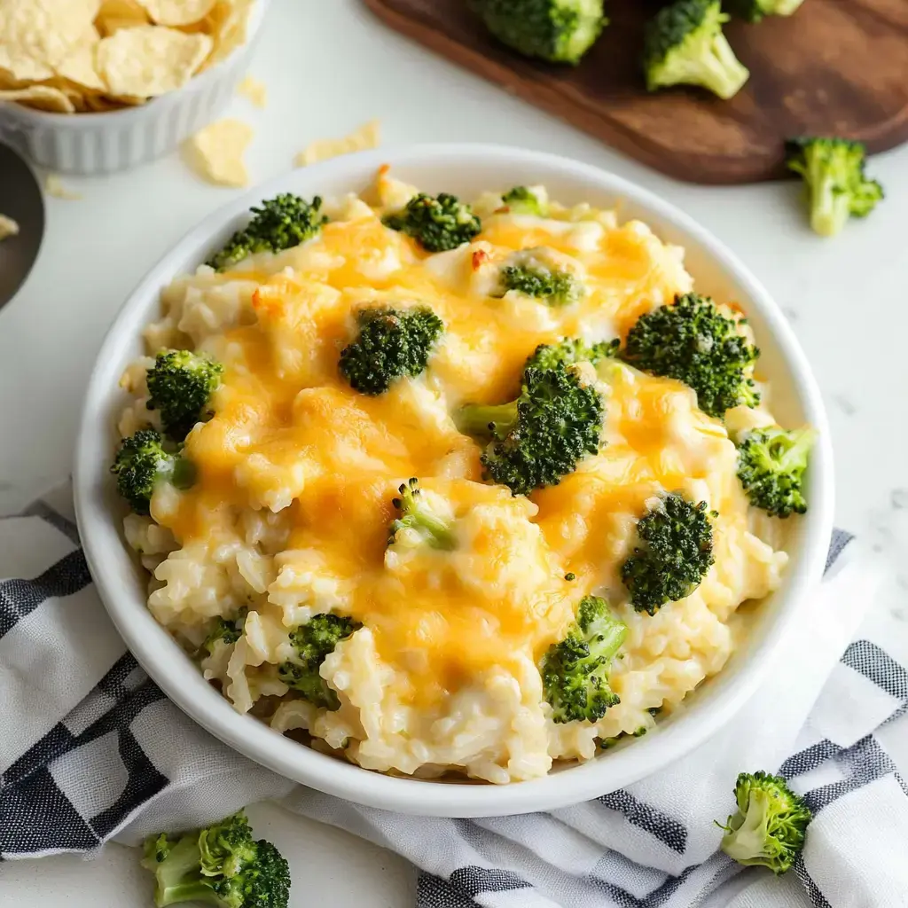 A bowl of cheesy broccoli rice, topped with melted cheese and garnished with fresh broccoli florets.