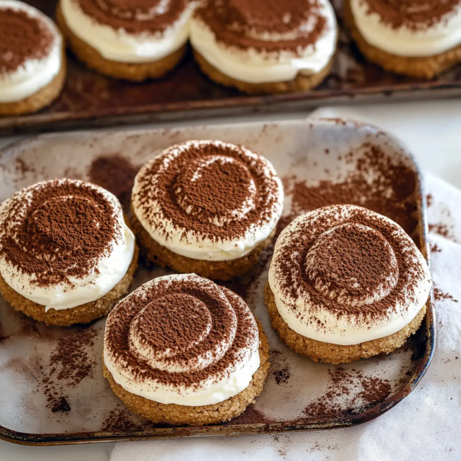 A tray of round desserts topped with whipped cream and a dusting of cocoa powder.