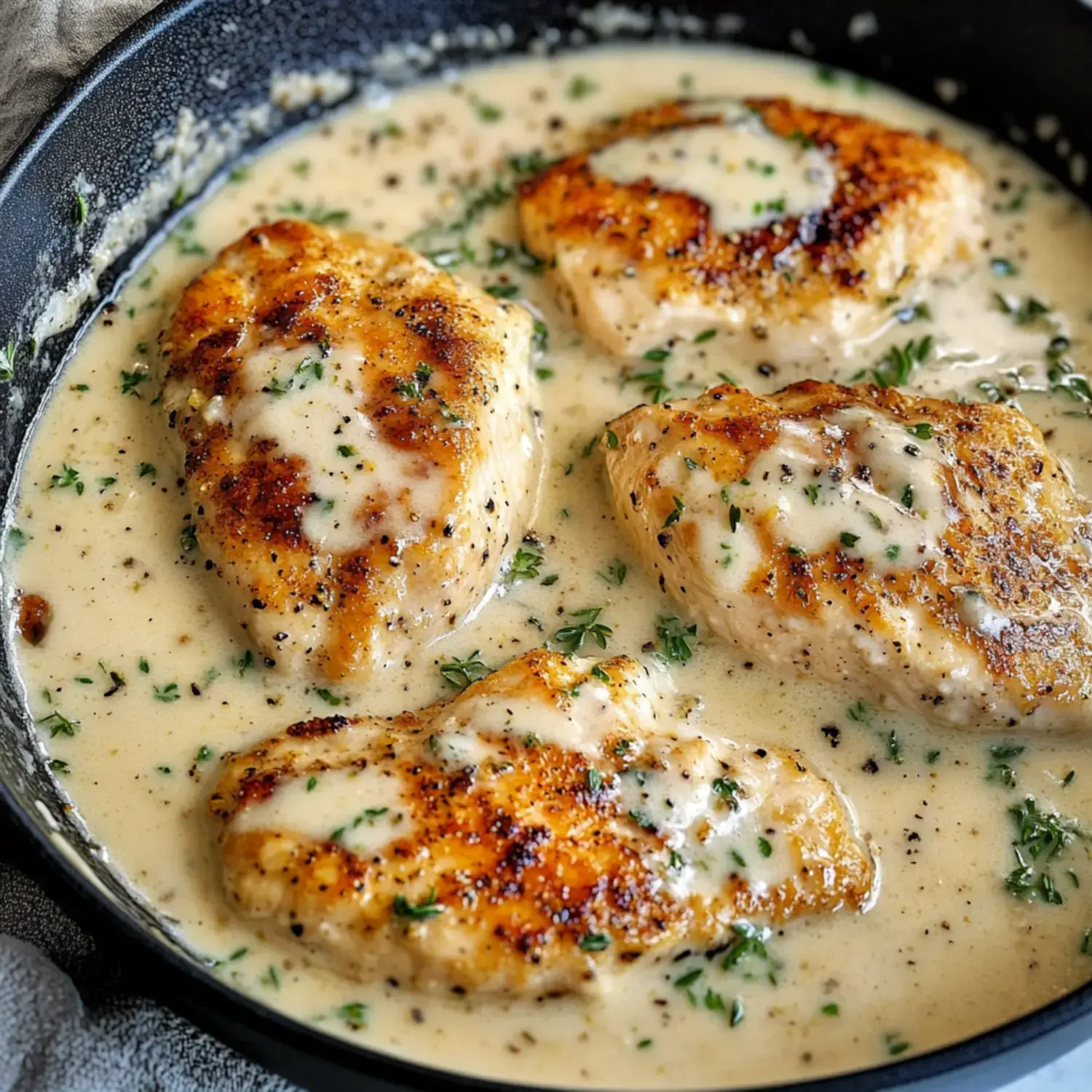 Four chicken breasts cooked in a creamy sauce garnished with herbs are displayed in a skillet.