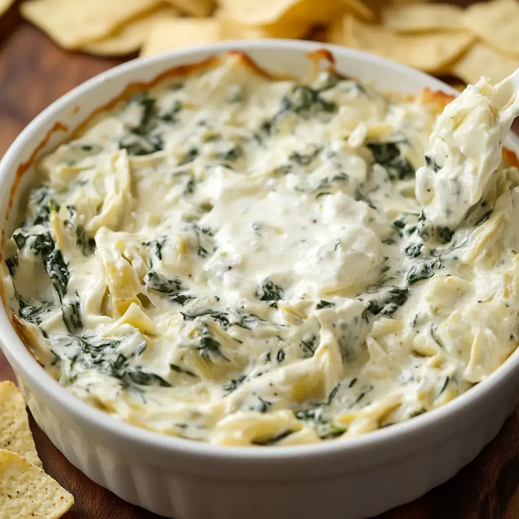 A creamy spinach and artichoke dip is served in a white dish, with tortilla chips placed around it.