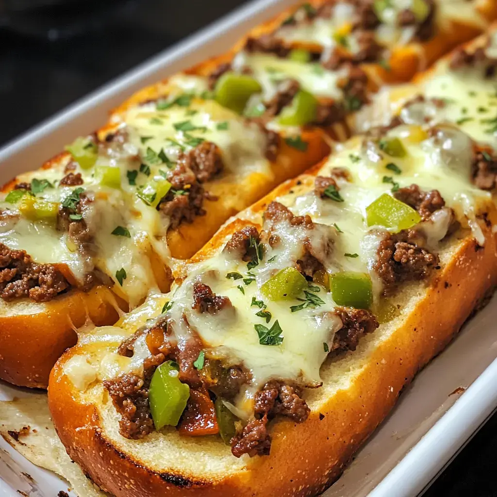 A close-up of toasted bread topped with seasoned ground beef, melted cheese, and green peppers, garnished with parsley.