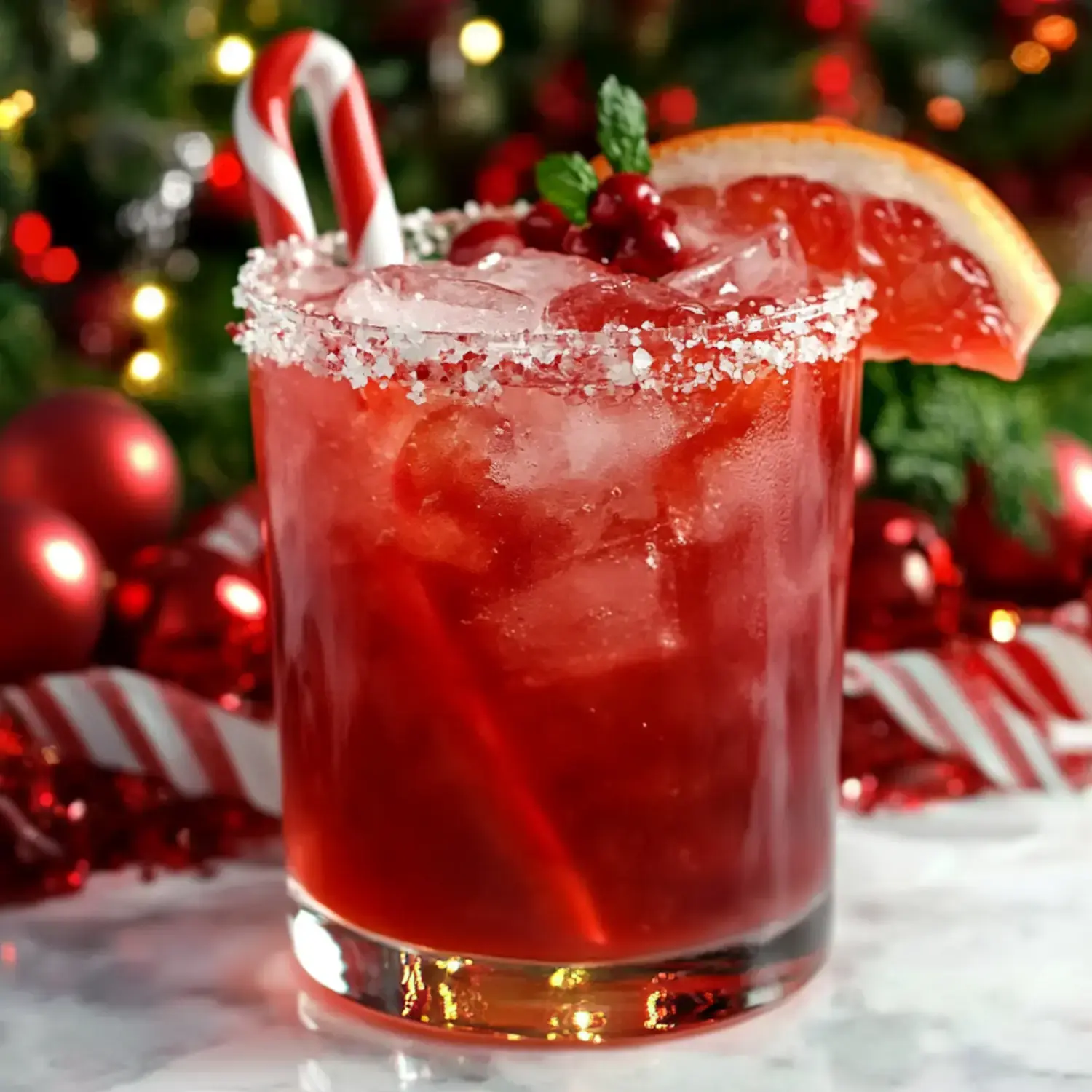 A festive red cocktail with ice, garnished with a candy cane, mint leaves, and a slice of orange, sits against a backdrop of holiday decorations.