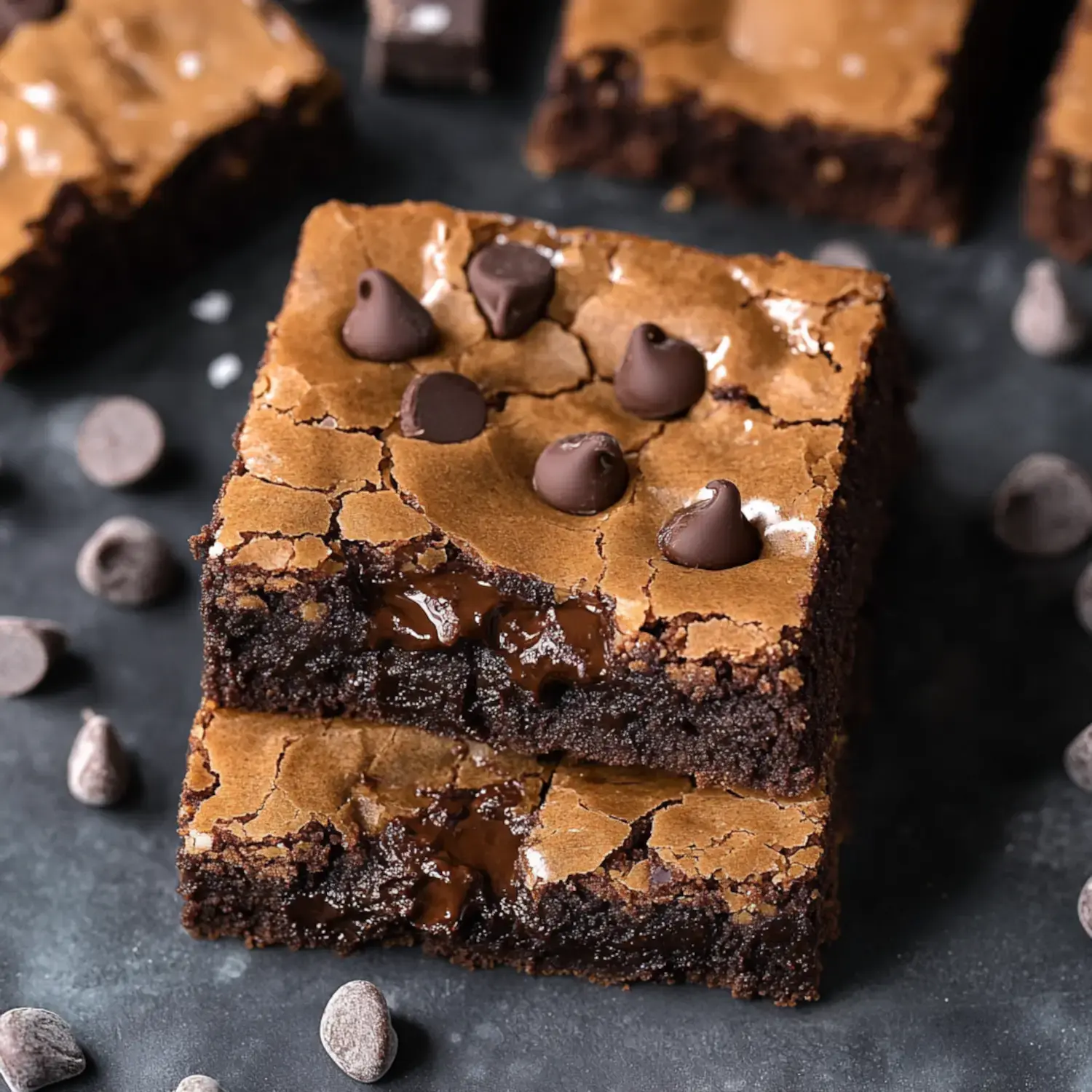 A close-up shot of two layered chocolate brownies with chocolate chips on top, with loose chips scattered around on a dark background.