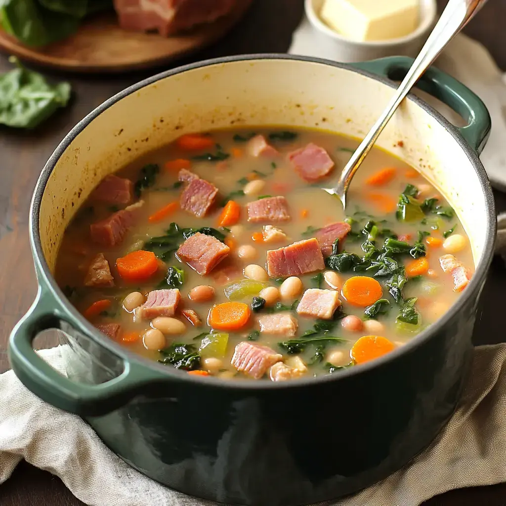 A warm bowl of soup filled with ham, greens, carrots, and beans resting on a wooden table alongside a ladle.