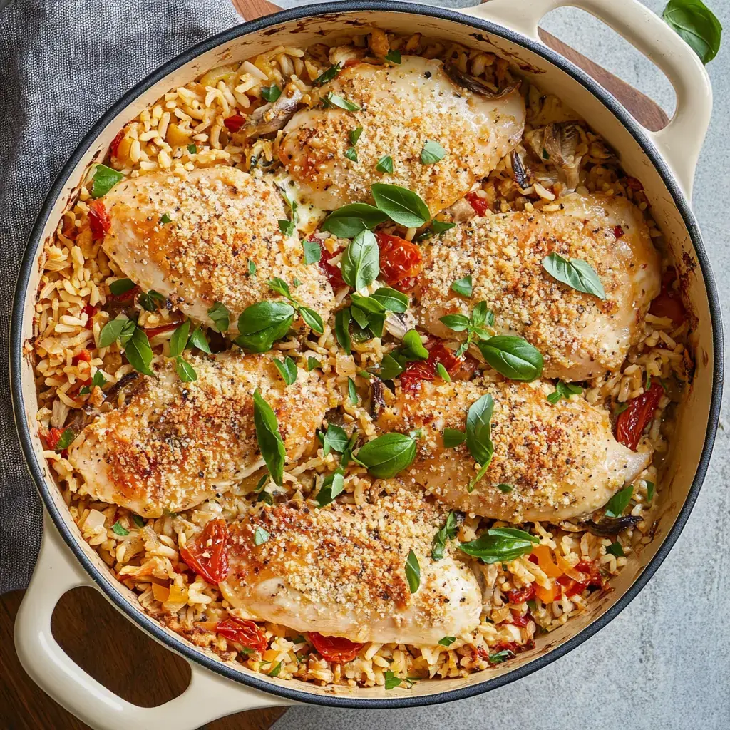 Baked chicken on a rice base with veggies, sprinkled with breadcrumbs and basil in a casserole dish.