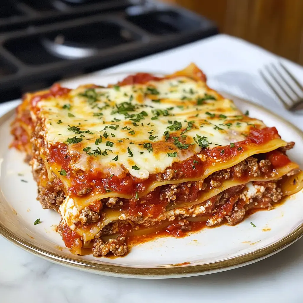 A hearty slice of lasagna stacked with meat, cheese, and marinara, topped with a sprinkle of parsley on a white plate.