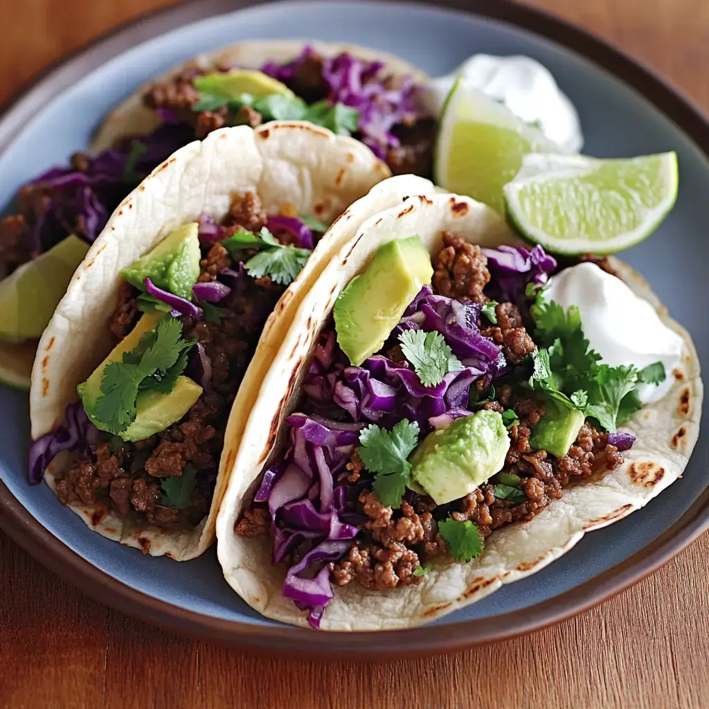 Three tacos stuffed with flavorful beef, crisp red cabbage, sliced avocado, and a dollop of sour cream, topped off with lime wedges and cilantro for garnish.