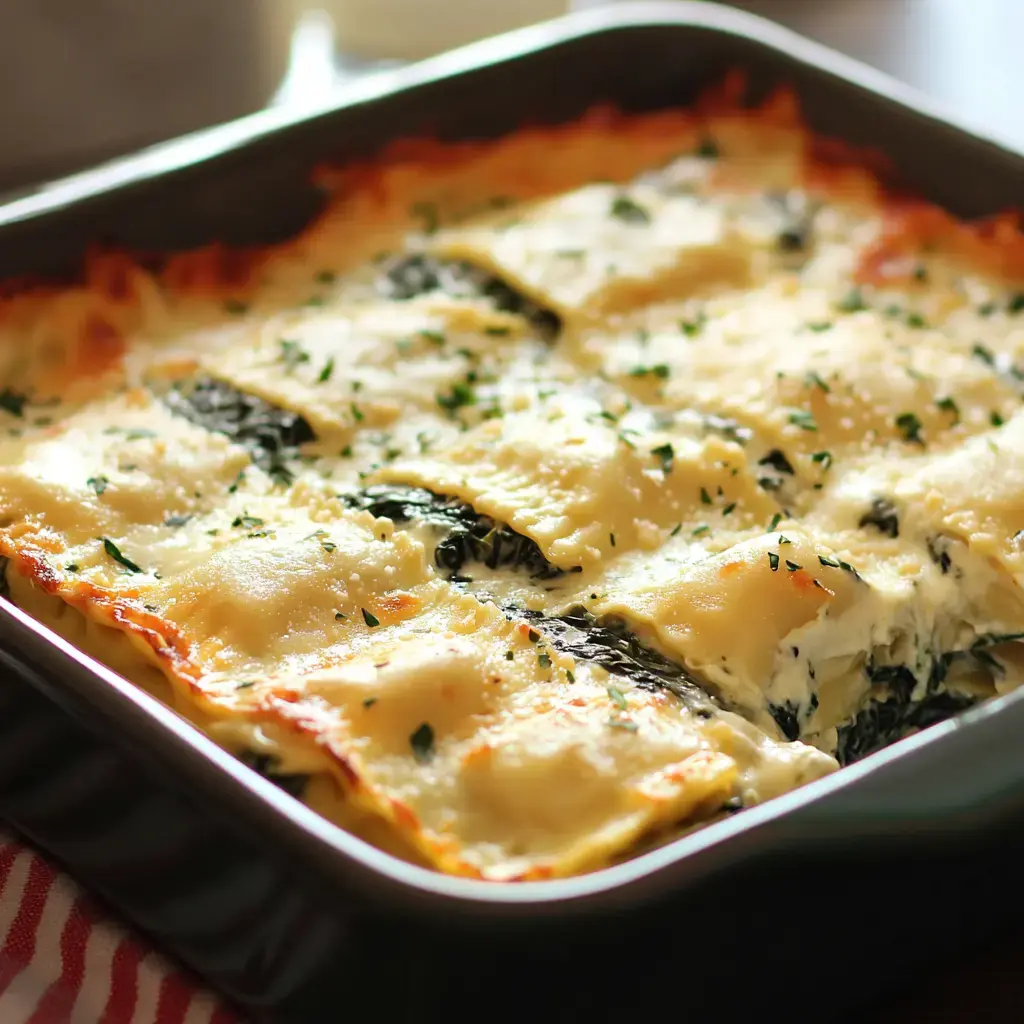 Freshly baked lasagna with gooey melted cheese and a sprinkle of parsley.