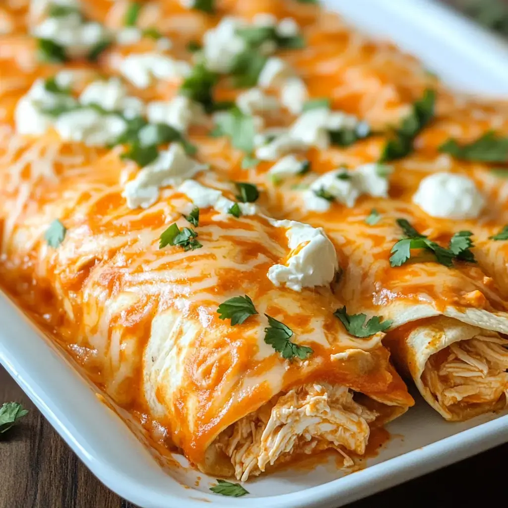 A serving dish with cheesy enchiladas covered in sauce, garnished with fresh cilantro and dollops of sour cream.