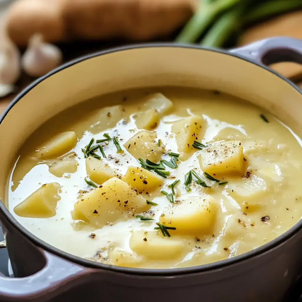 A creamy potato soup topped with herbs in a purple pot, surrounded by garlic and fresh vegetables.