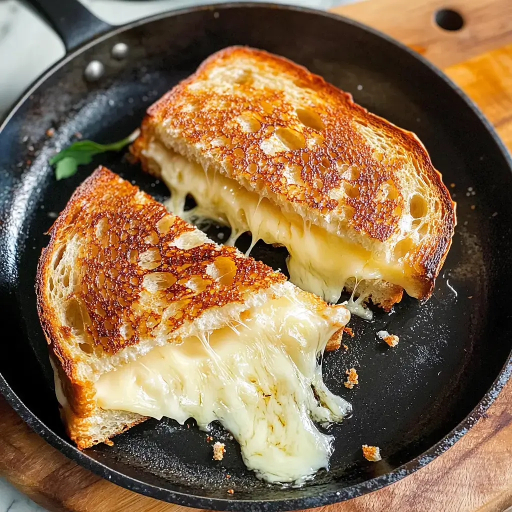 A skillet with a gooey grilled cheese sandwich, oozing melted cheese, nestled between two crisp golden slices of bread.