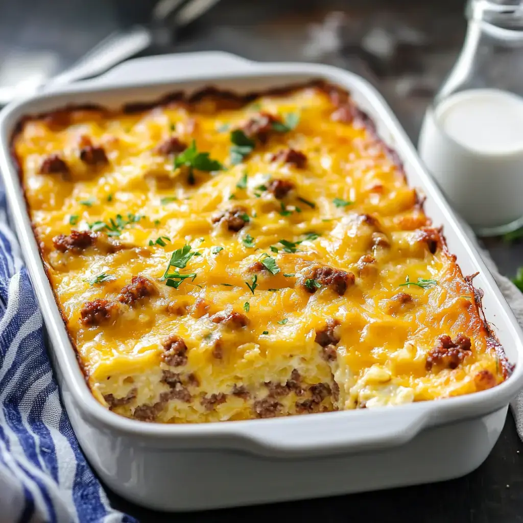 A golden-brown breakfast casserole with melted cheese, crumbled sausage, and fresh parsley, served in a white baking dish next to a bottle of milk.