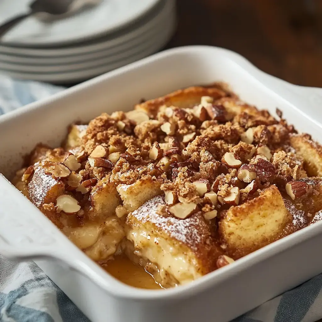 A close shot of golden dessert in a white dish with nuts and powdered sugar. Pieces are cut and served on plates in the background.