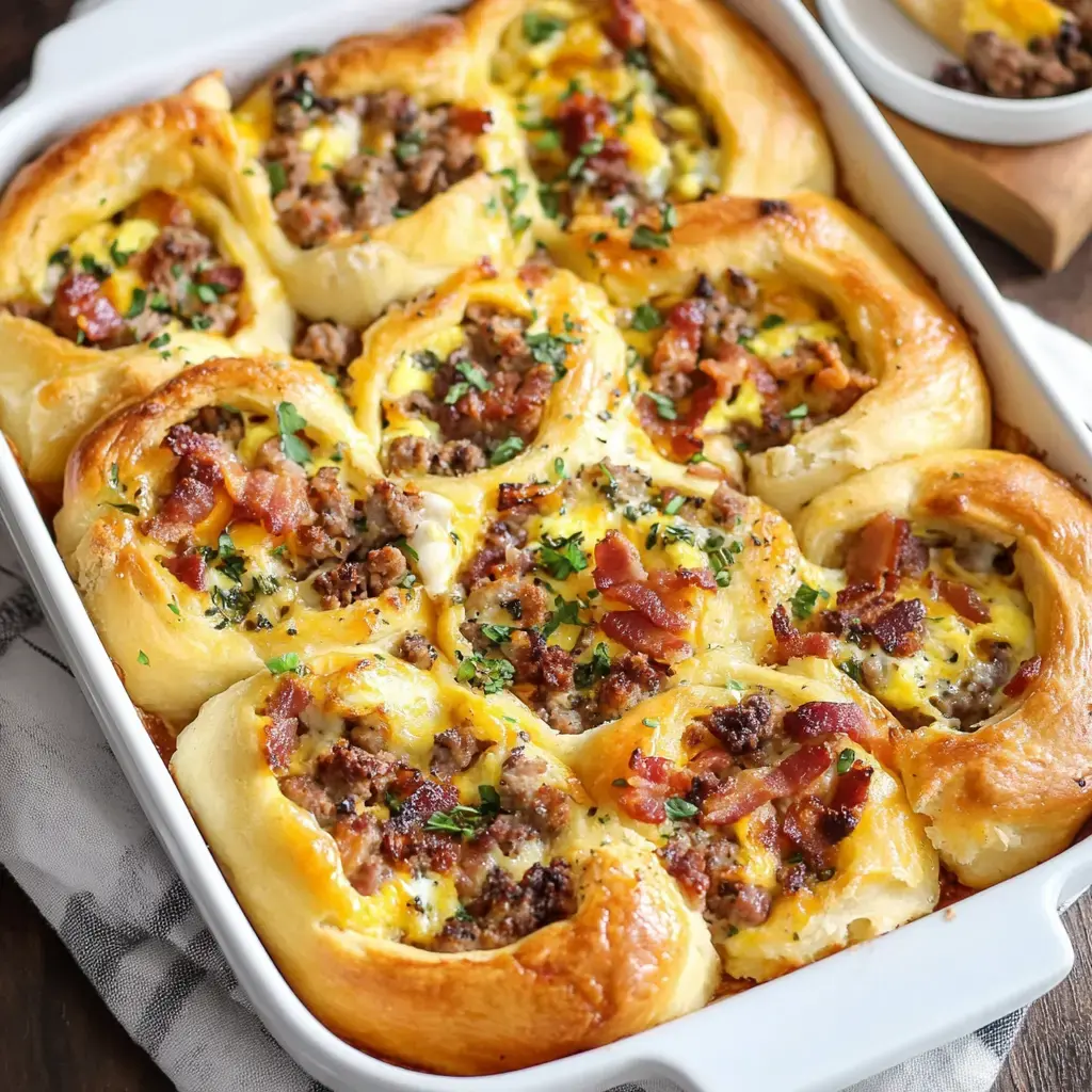 A baking dish holding golden rolls stuffed with sausage, bacon, cheese, and sprinkled with fresh herbs.