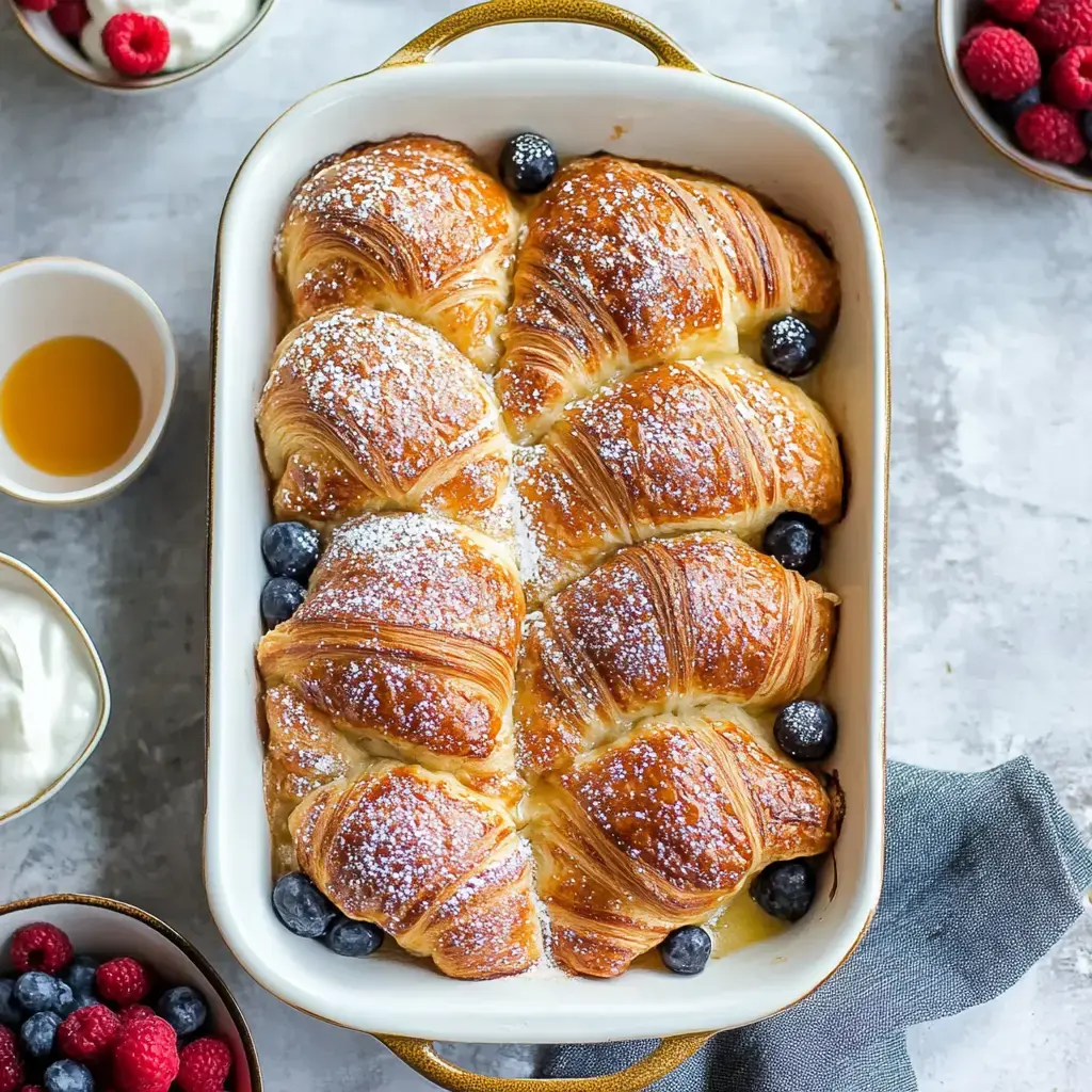 Golden-baked croissant casserole dusted with powdered sugar, served with fresh berries, yogurt, and syrup.