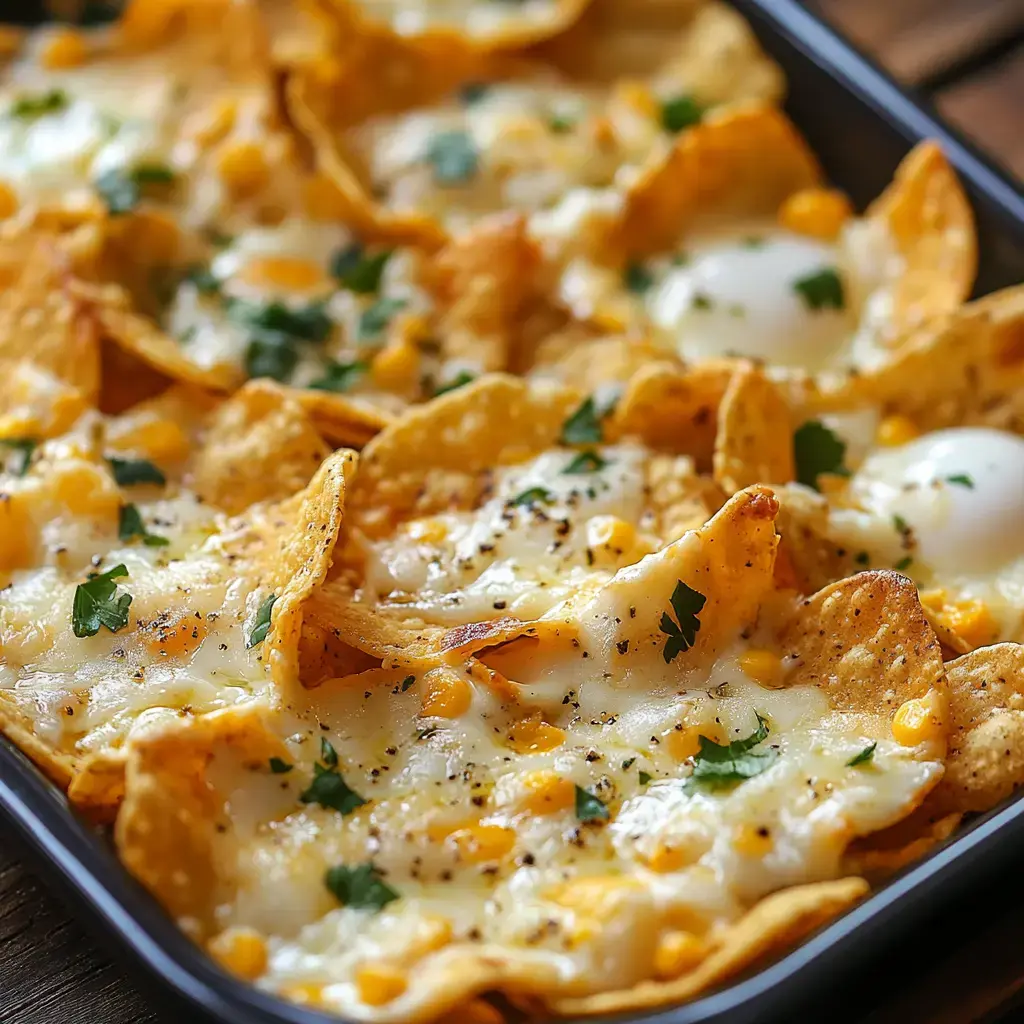 Close-up of crispy chips loaded with cheese, corn, and herbs, with baked eggs nestled in the mix.