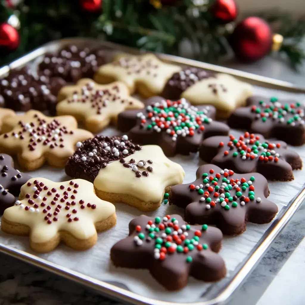 A beautiful display of festive cookies shaped uniquely, decorated with vibrant candy and sprinkles, on a holiday-themed setup.