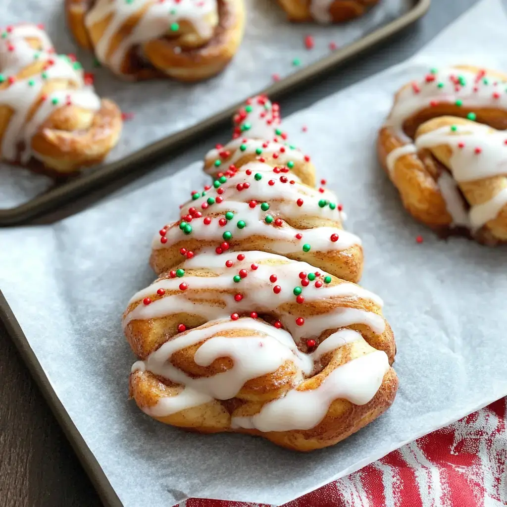 Soft cinnamon rolls shaped like a Christmas tree, drizzled with icing and scattered with colorful sprinkles.