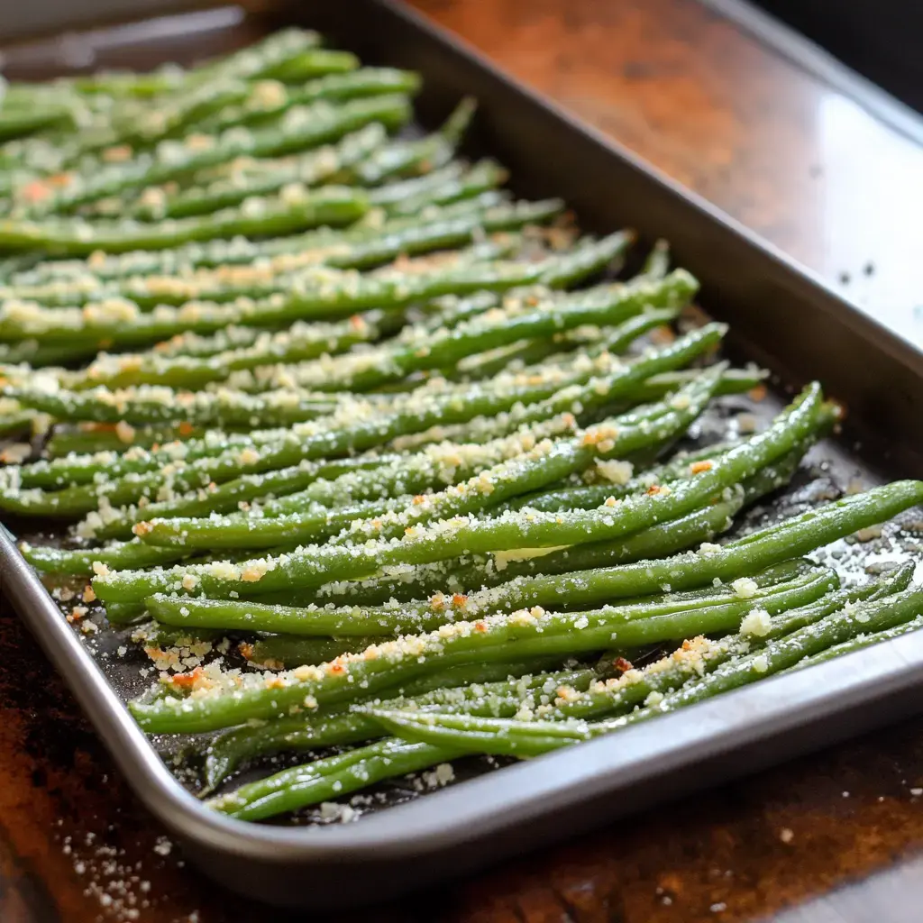 A tray of roasted green beans covered in parmesan and seasonings.