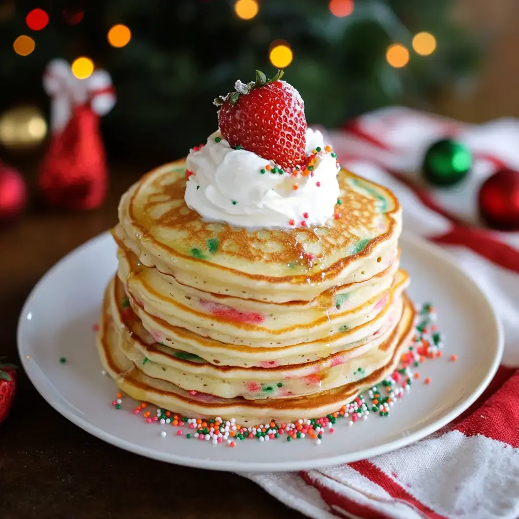 A playful holiday plate featuring fluffy pancakes, whipped cream, and a single strawberry adorned with festive sprinkles, with a blurred Christmasy backdrop.