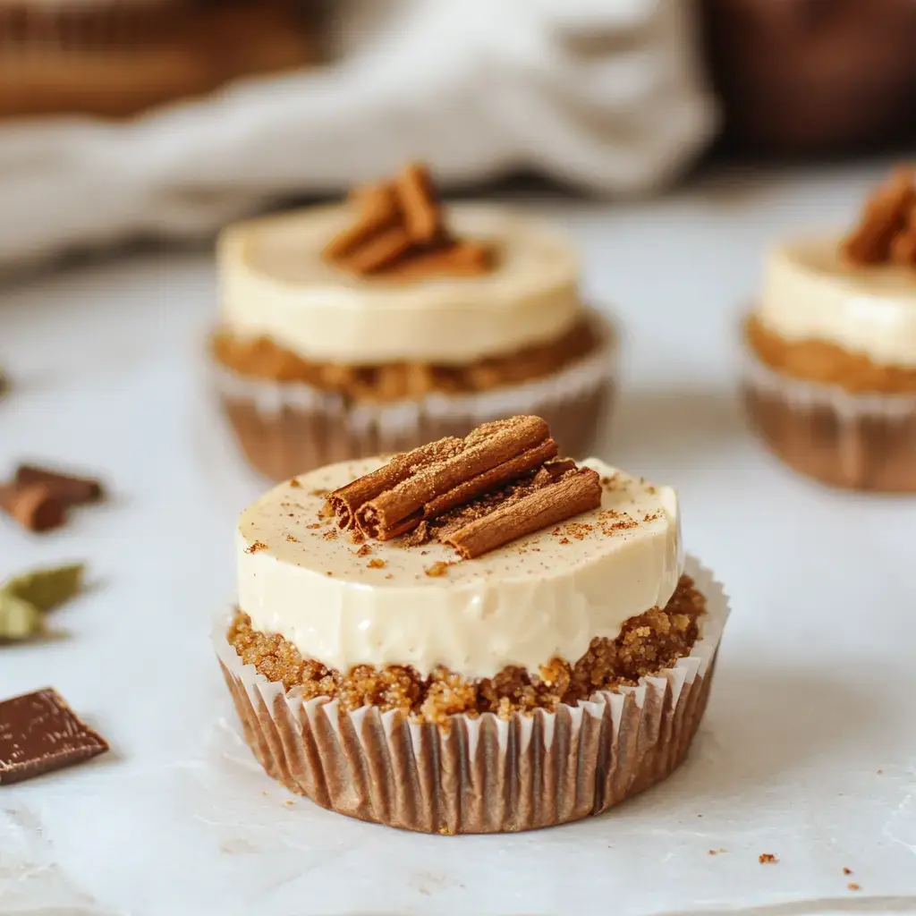 Three small layered desserts with a crunchy brown base and silky beige top, garnished with cinnamon sticks, displayed on a white surface.