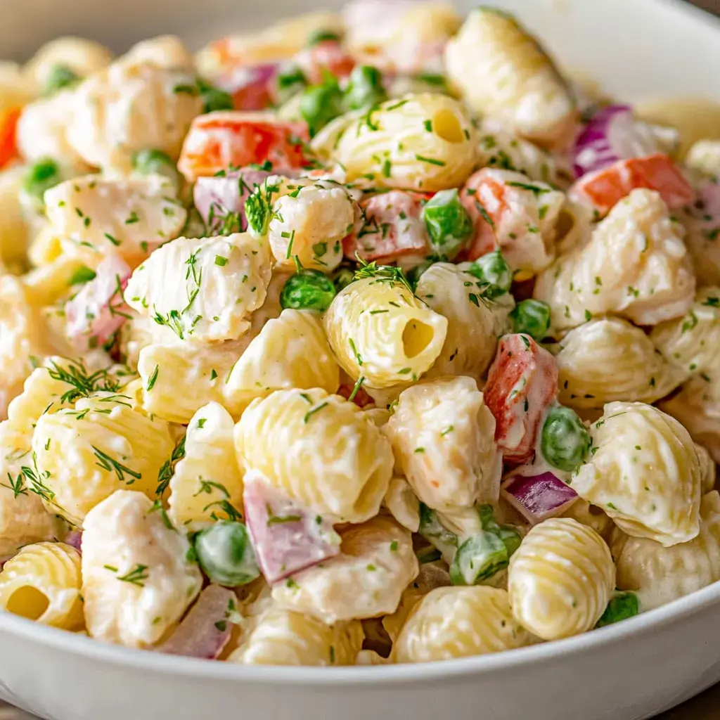 Close view of a creamy crab pasta salad with diced veggies and herbs.