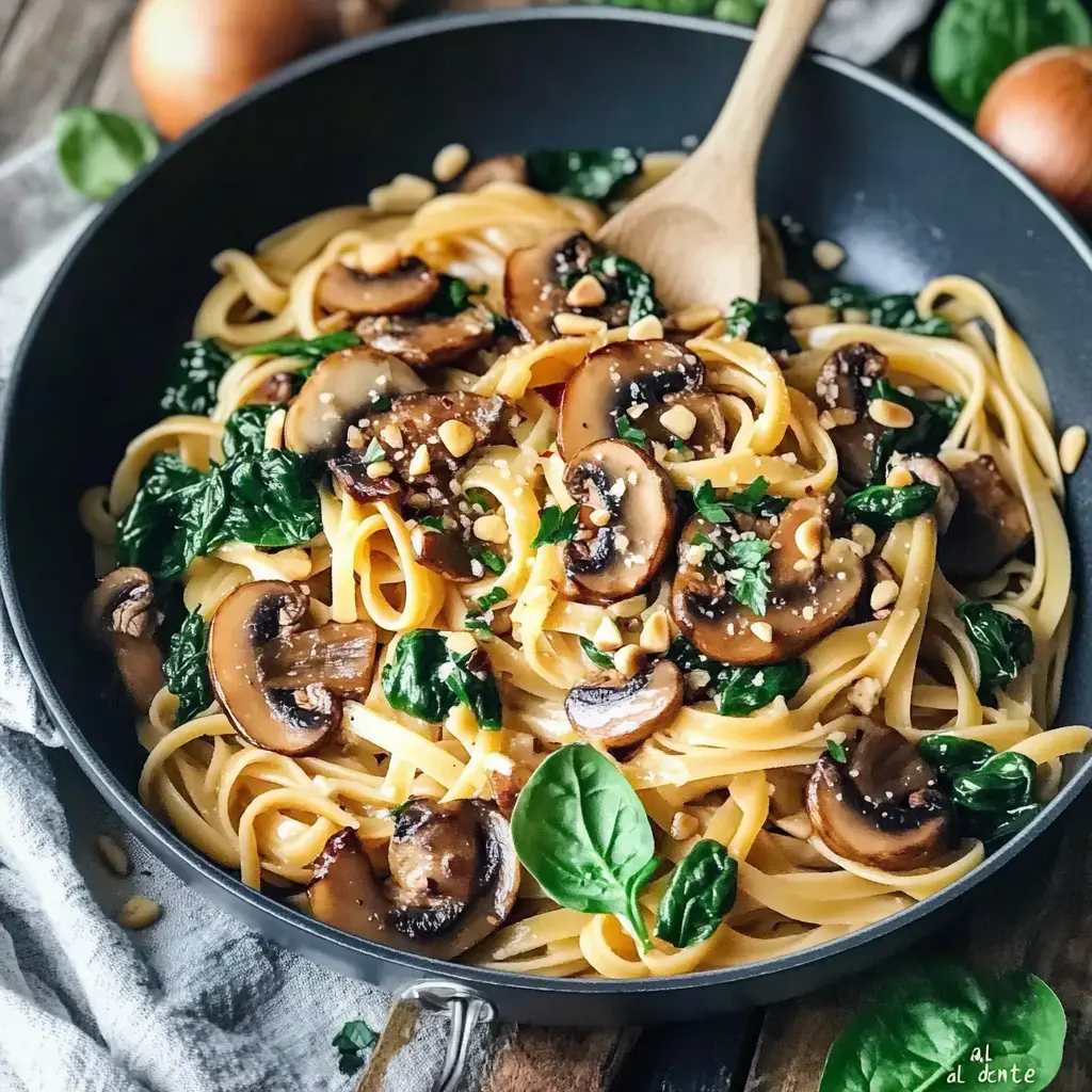 A close-up of a pot with linguine tossed with sautéed mushrooms, spinach, and crunchy pine nuts, sitting next to a wooden spoon.