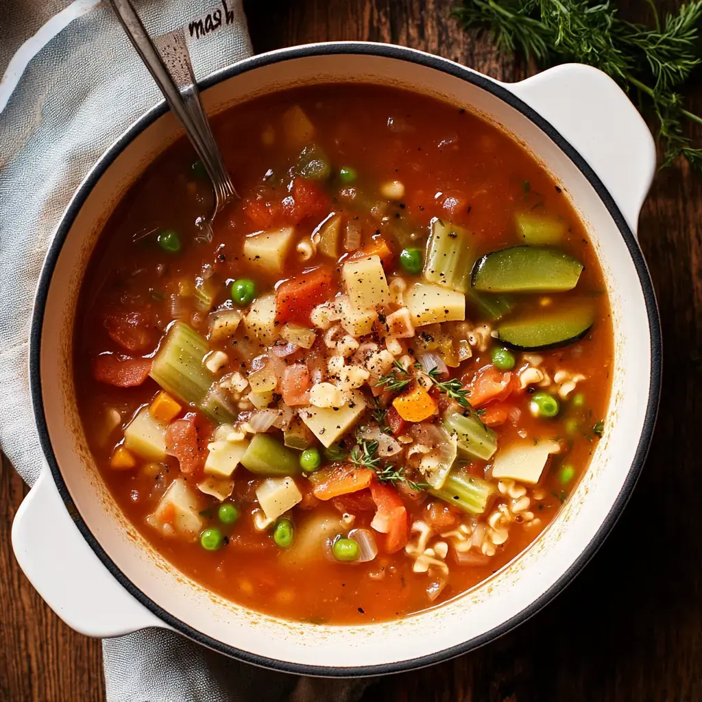 A hearty soup filled with a mix of colorful veggies, pasta, and beans in a savory broth, served in a white bowl on a rustic table.