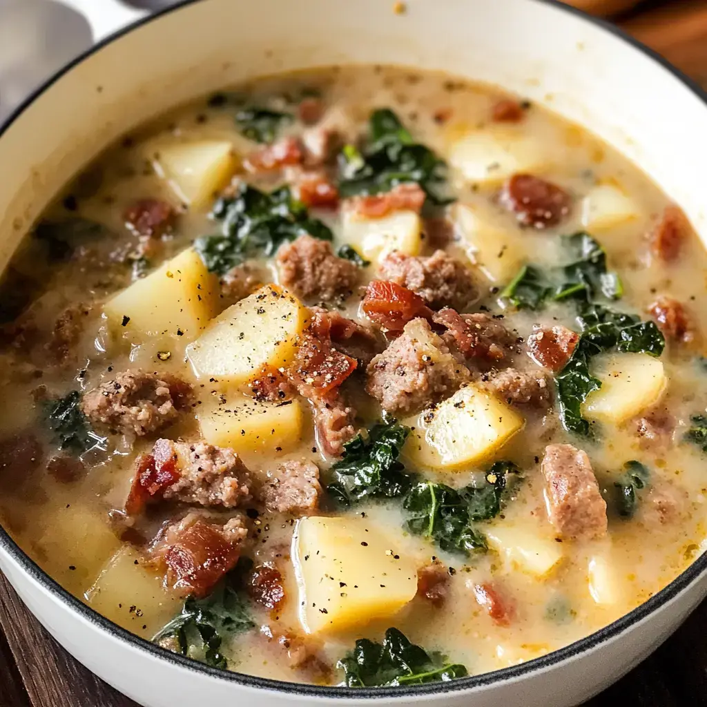 A warm bowl filled with creamy soup featuring sausage, kale, potatoes, and crispy bacon.