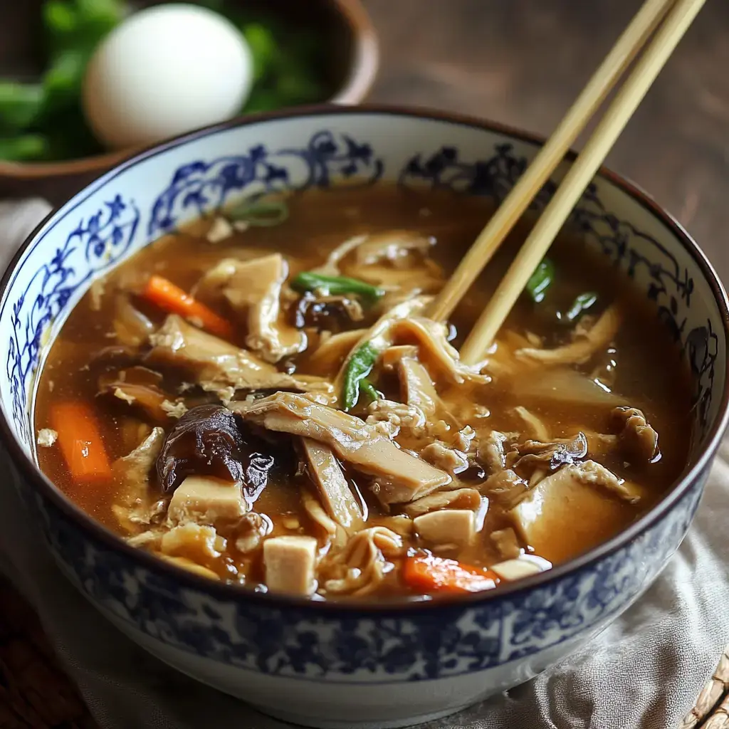 A cozy bowl of noodle soup with fresh vegetables, mushrooms, tender chicken, and sliced egg, ready to enjoy!