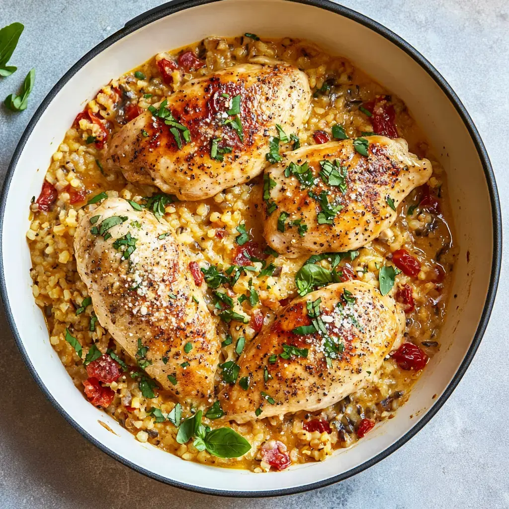 A close-up view of seasoned chicken breasts cooked with herbs, sun-dried tomatoes, and grains in a creamy sauce, presented in a skillet.