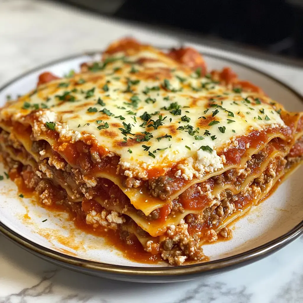 A deliciously layered lasagna topped with melted cheese and garnished with parsley sits on a white plate.