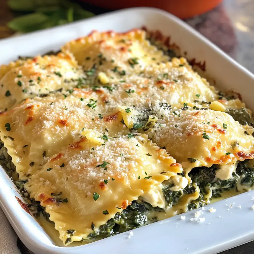 A close-up of a baked dish featuring layered ravioli filled with cheese and spinach, topped with melted cheese and sprinkled with herbs.