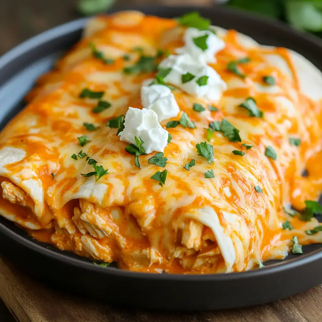 A close-up of cheesy chicken enchiladas topped with sour cream and garnished with fresh cilantro on a dark plate.