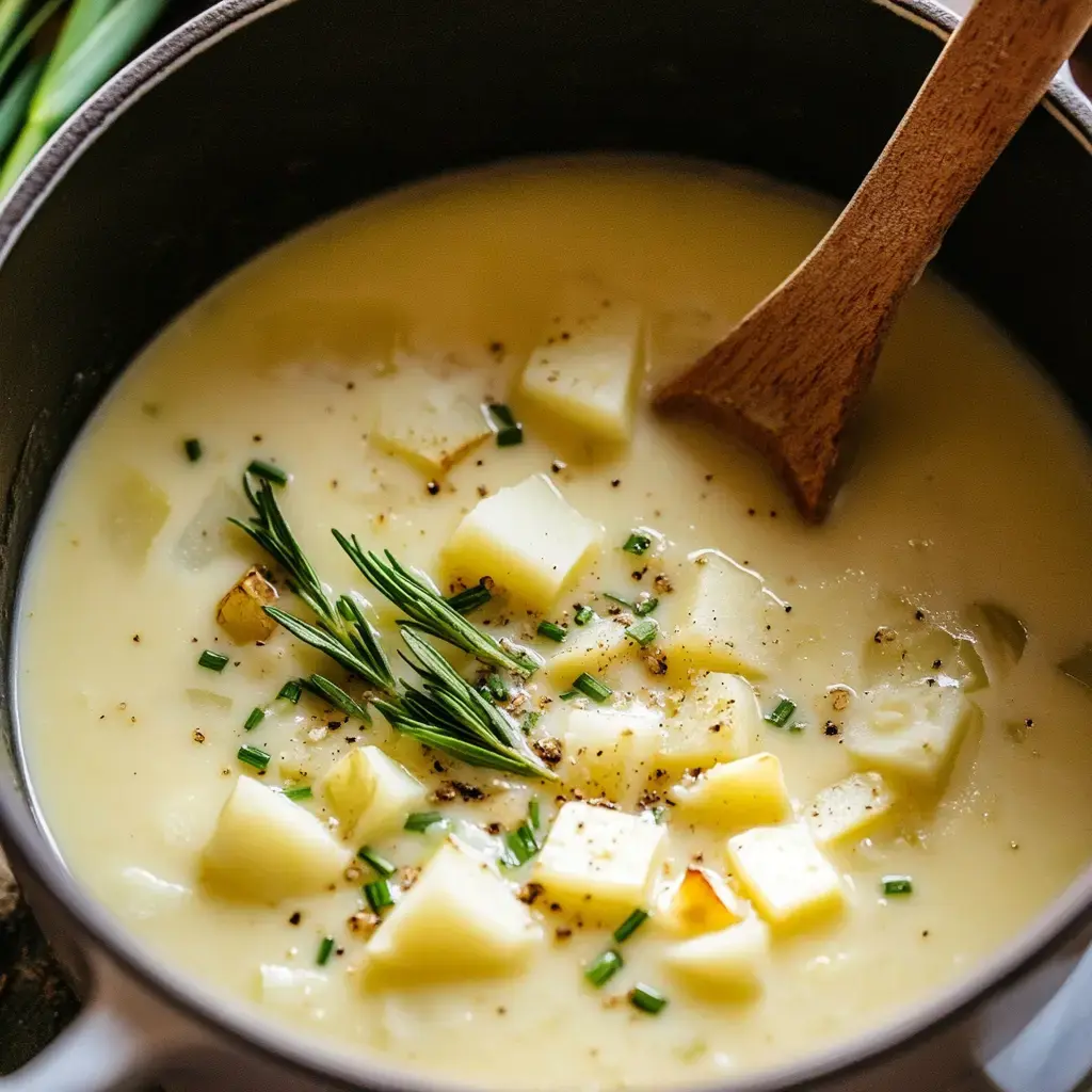 A creamy potato soup is simmering in a pot, garnished with fresh herbs and pepper.